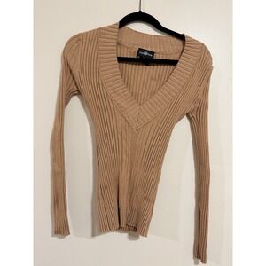 Y2K It's Our Time Deep V Neck Fitted Sweater Brown Size L Capsule Vintage Indie